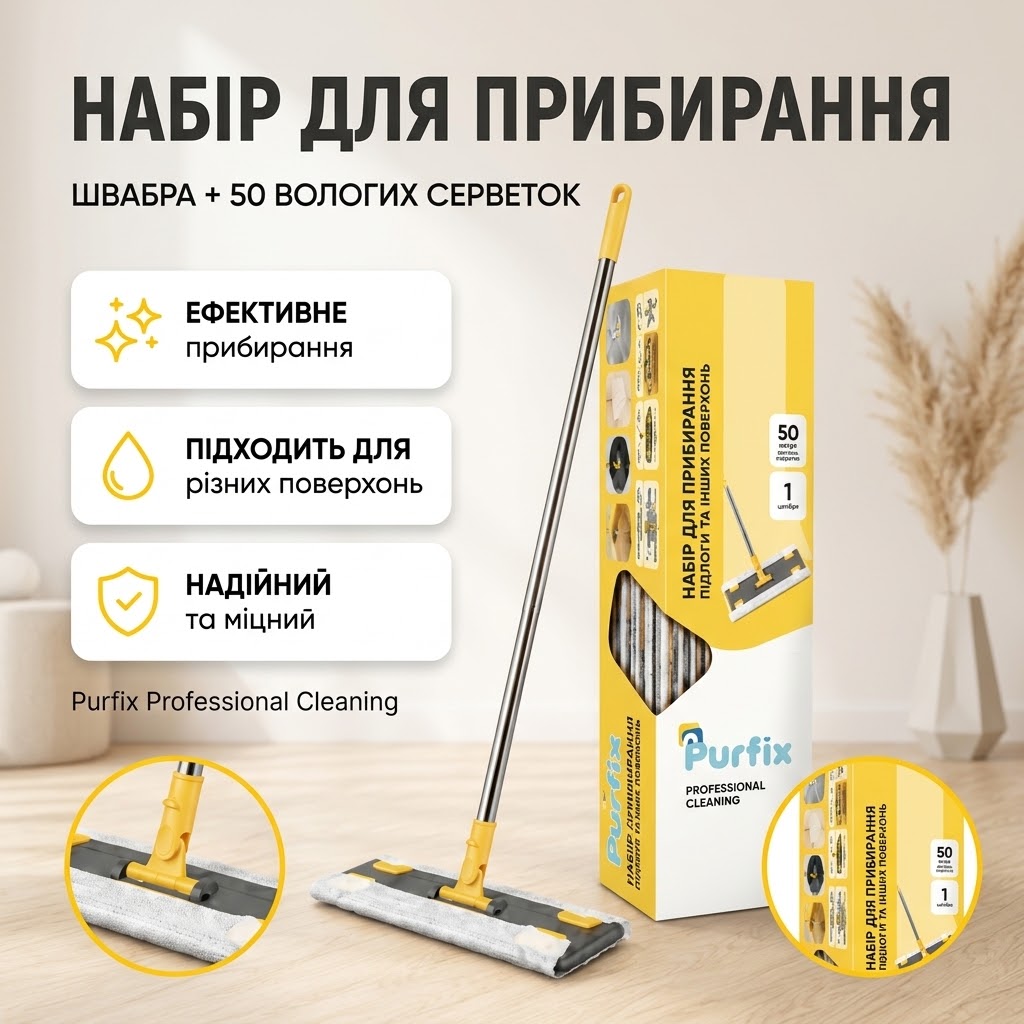 Швабра з вологими серветками Purfix — комплект зі шваброю та 50 серветками