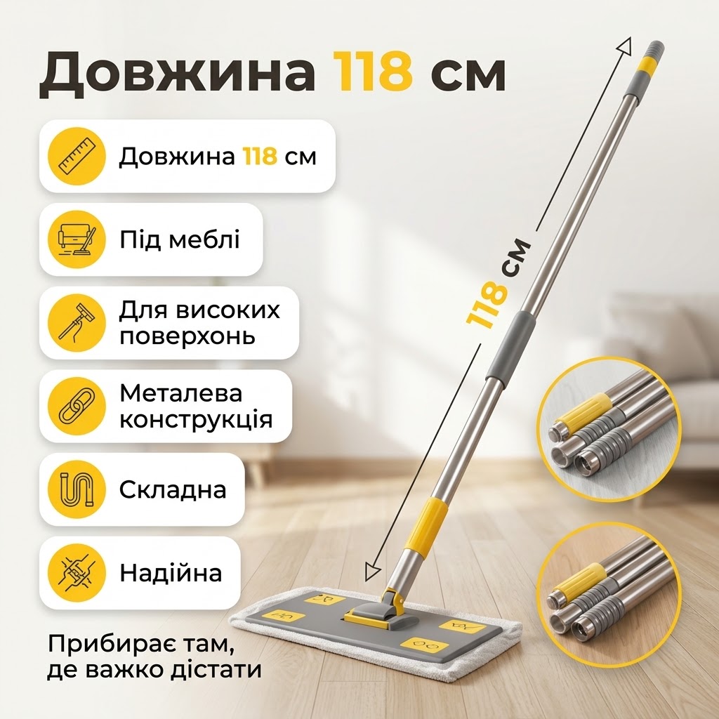 Швабра Purfix — довжина ручки 118 см, металева складна конструкція