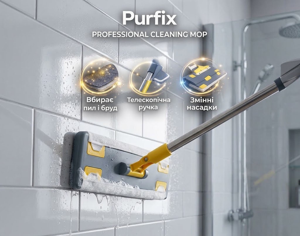 Швабра Purfix — ефективне прибирання, 50 вологих серветок, насадка 360°
