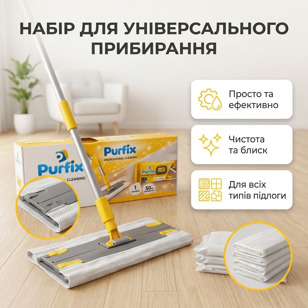 Набір Purfix для універсального прибирання — швабра та вологі серветки